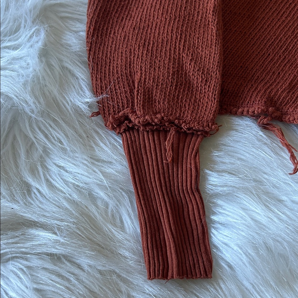 We The Free Darcy Cropped Rust Collared Distressed V-Neck Sweater - Picture 4 of 5
